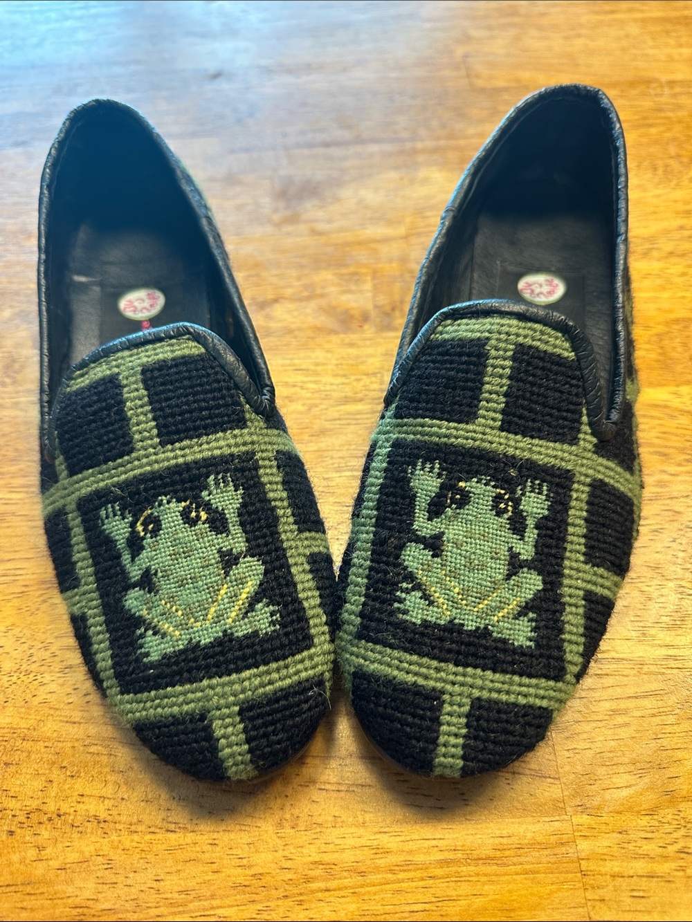 By Paige Embroidered Frog Needlepoint Loafers in Black & Green